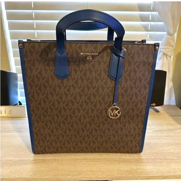 NEW Large Michael Kors Maple brown tote bag River Blue handles & shoulder strap